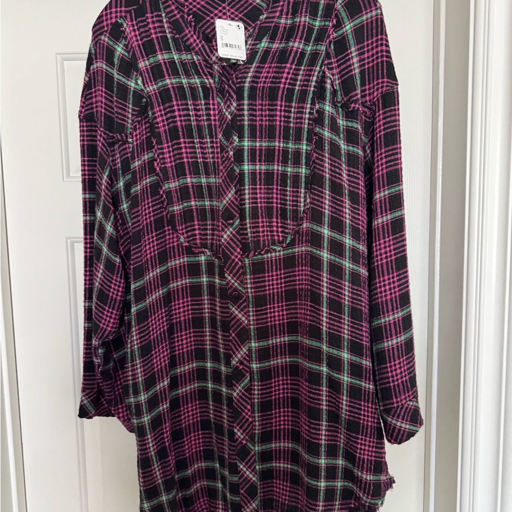 Free People Pink and Black Plaid Shirt NEW
